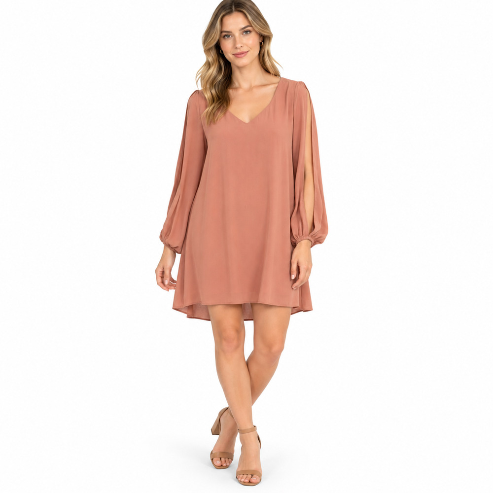 Jodifl Mini Chiffon Long Slit Sheer Sleeve Lined Pale Earthy Pink Dress NWT sz M